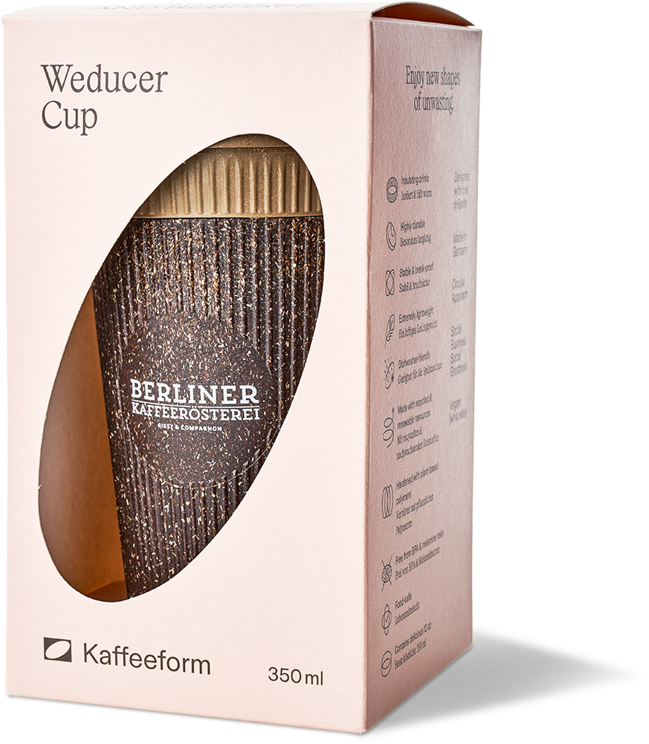 Wiederverwendbarer Kaffeebecher plastikfrei aus Kaffeesatz und Holzfasern 350ml mit Deckel