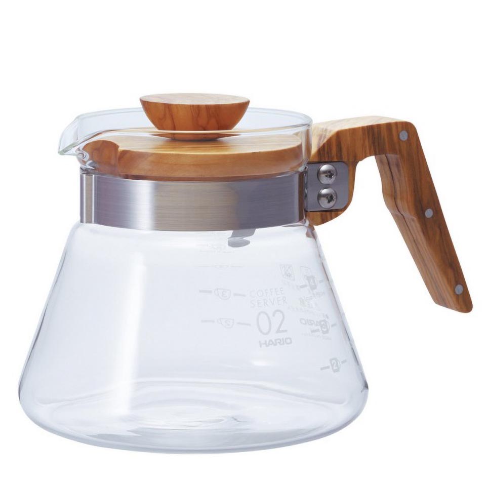 Hario - V60 Glaskanne 600 ml Coffee Server 02 Holzgriff Olive